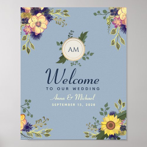 Floral Watercolor Dusty Blue Wedding Welcome Poster
