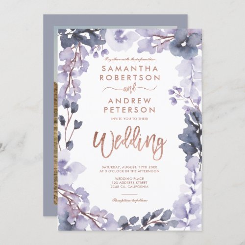 Floral watercolor dusty lavender photo wedding invitation