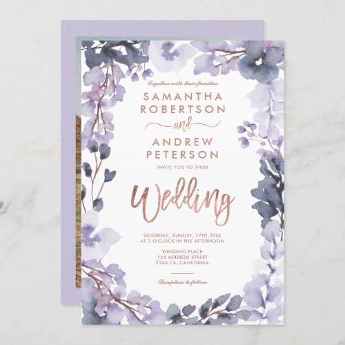 Floral watercolor dusty lavender photo wedding invitation