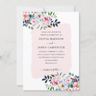 Floral Watercolor Dusty Pink Navy Blue Wedding Invitation