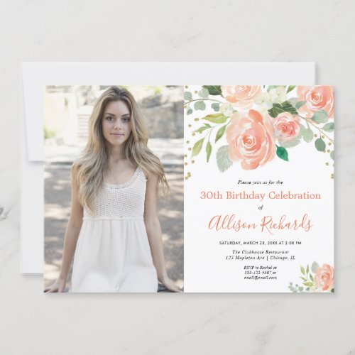 Floral watercolor elegant adult birthday photo invitation