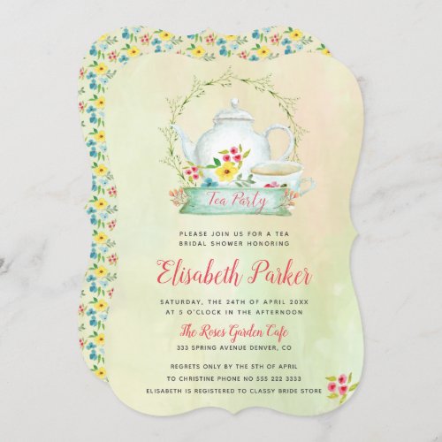 Floral watercolor elegant bridal shower tea party invitation