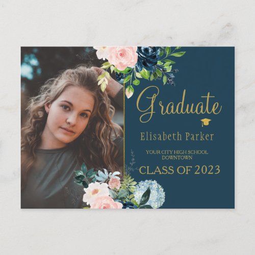 Floral watercolor elegant photo graduation announcement postcard