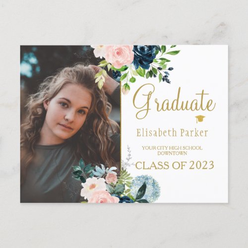 Floral watercolor elegant photo graduation announcement postcard