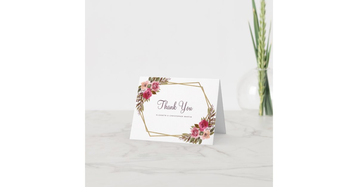 Floral Watercolor Elegant Wedding Gold Frame Chic Thank You Card | Zazzle