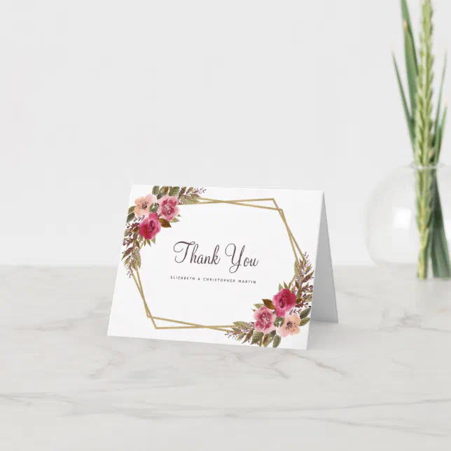 Floral Watercolor Elegant Wedding Gold Frame Chic Thank You Card | Zazzle