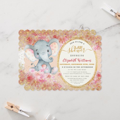 Floral Watercolor Elephant GoldGlitter Baby shower Invitation