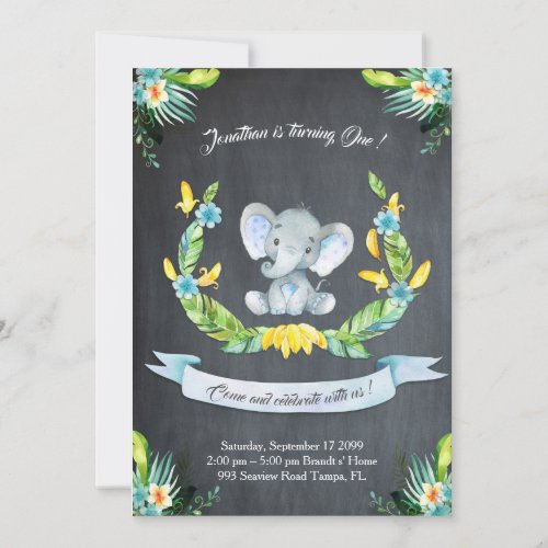 Floral watercolor Elephant InvitationBaby boy 1st Invitation