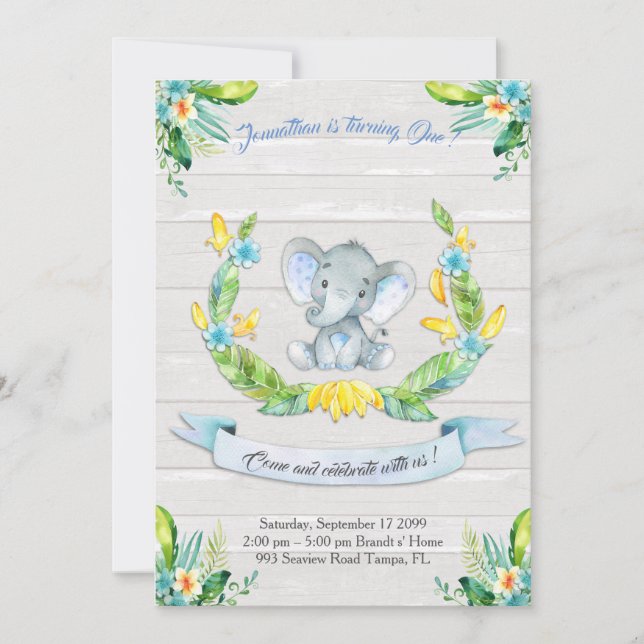 Floral watercolor Elephant Invitation,Baby boy 1st Invitation (Front)