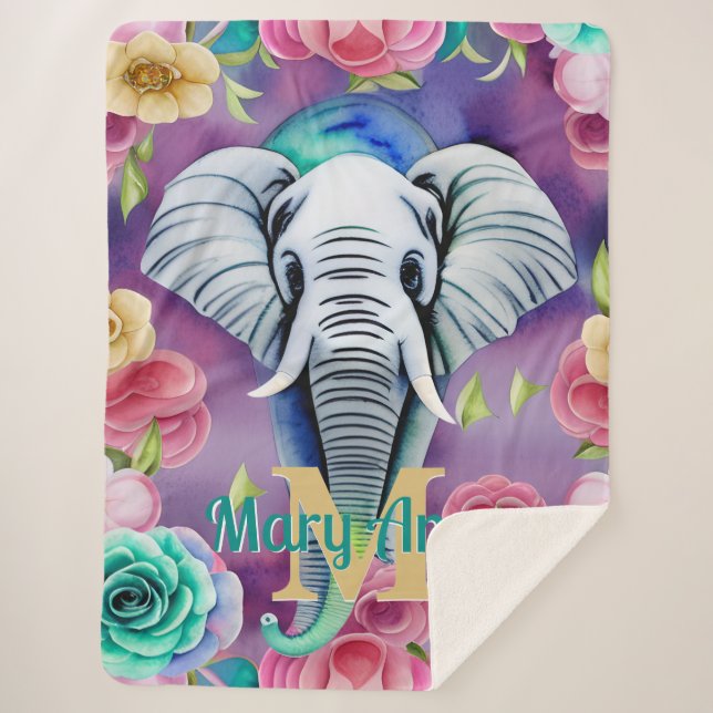 Floral Watercolor Elephant Personalized Name Sherpa Blanket (Front)