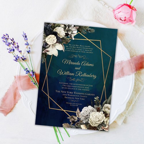 Floral Watercolor Emerald Green and Gold Wedding Invitation