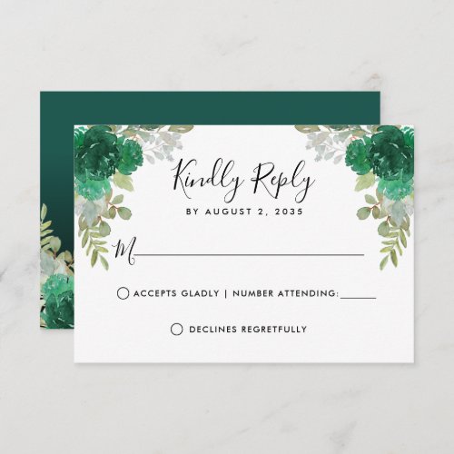 Floral Watercolor Emerald Green Quinceanera RSVP Card