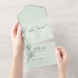 Floral Watercolor Eucalyptus Geometric Wedding All In One Invitation