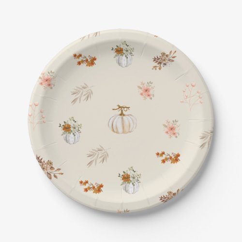 Floral Watercolor Fall Pumpkin Baby Shower Paper Plates