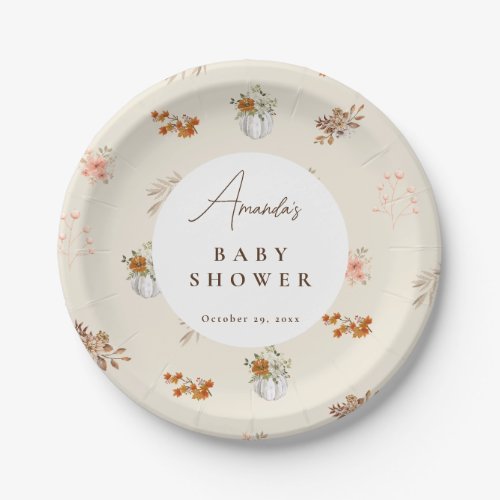 Floral Watercolor Fall Pumpkin Baby Shower Paper Plates