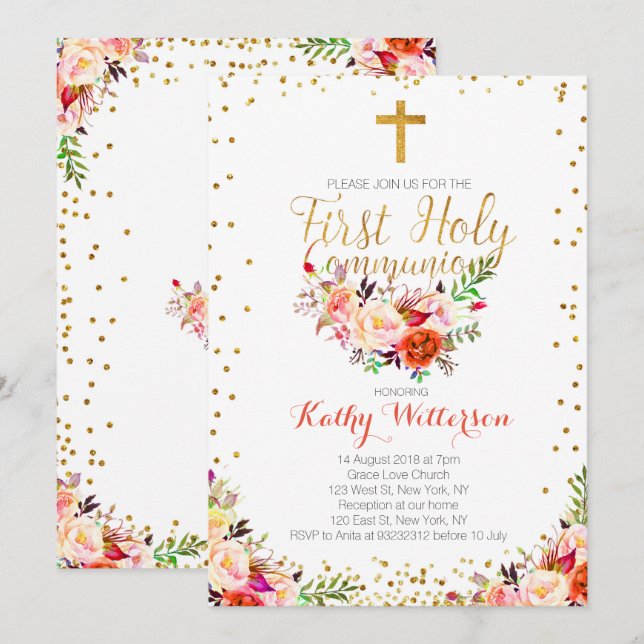 Floral Watercolor First Holy Communion Invitation (Front/Back)