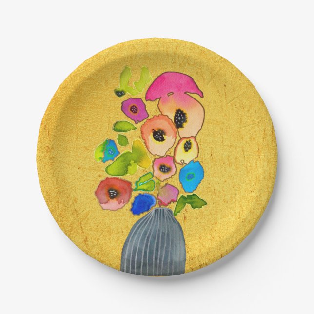 Floral watercolor flowers in vase paper plates (Front)