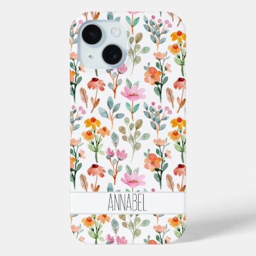Floral Watercolor Flowers Pattern Personalized iPhone 15 Case