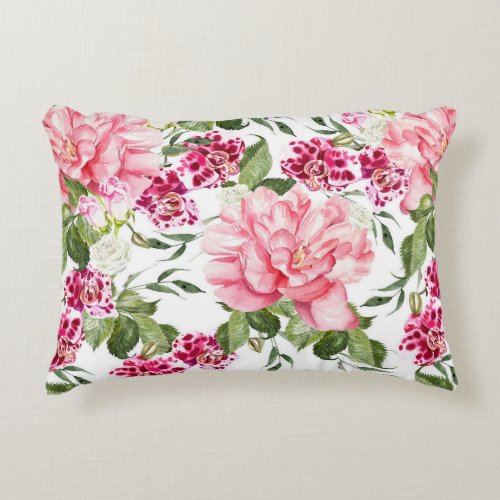 Floral Watercolor Flowers Roses Peony Orchids  Accent Pillow