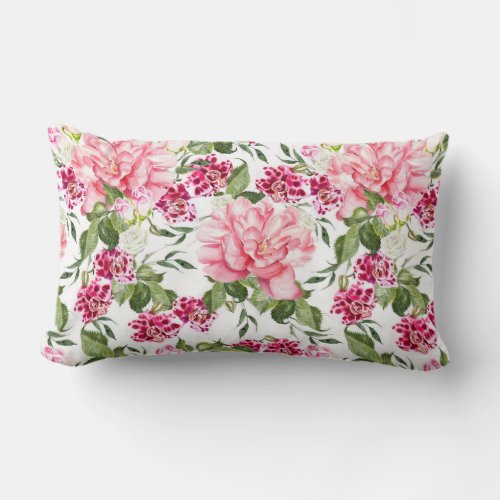 Floral Watercolor Flowers Roses Peony Orchids  Lumbar Pillow