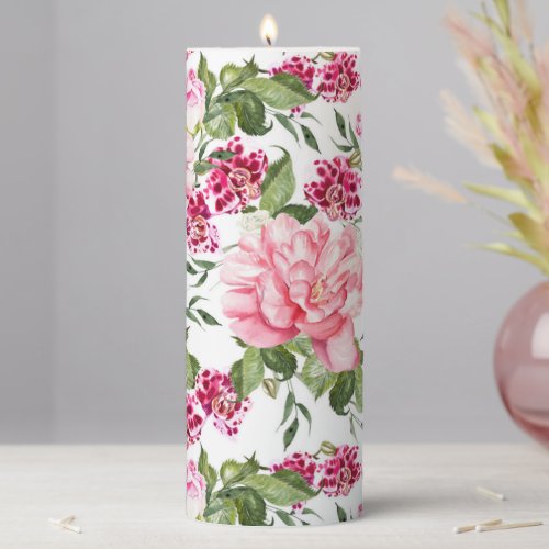 Floral Watercolor Flowers Roses Peony Orchids  Pillar Candle