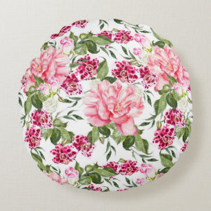Floral Watercolor Flowers Roses Peony Orchids Round Pillow