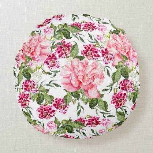 Floral Watercolor Flowers Roses Peony Orchids  Round Pillow