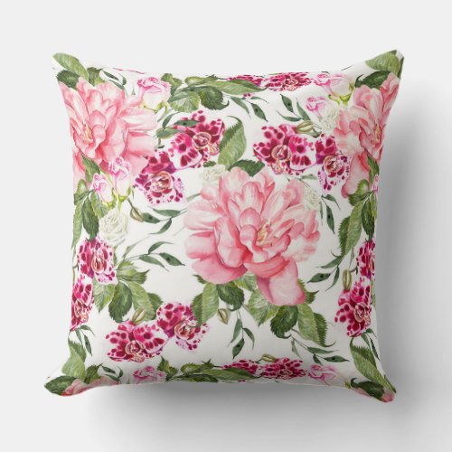 Floral Watercolor Flowers Roses Peony Orchids  Throw Pillow