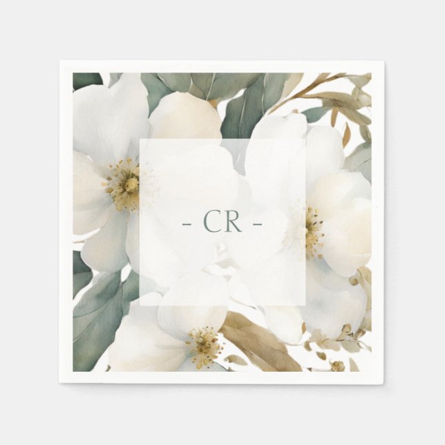 Floral Watercolor Foliage Overlay & Initials  Napkins (Front)