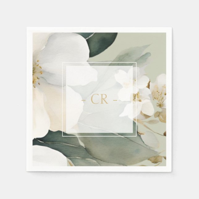 Floral Watercolor Foliage Overlay & Initials  Napkins (Front)