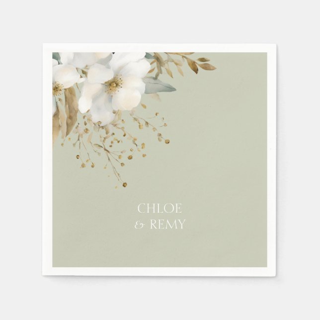 Floral Watercolor Foliage Sage Green Napkins (Front)