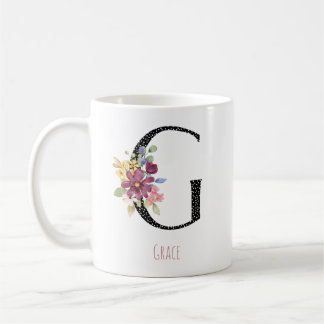 Floral Watercolor G Monogram Name Black Polka Dot Coffee Mug