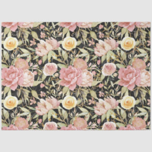 Floral Watercolor Garden Gold Black Decoupage Tissue Paper