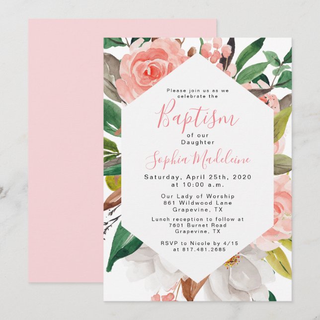 Floral Watercolor Girl Baptism Invitation (Front/Back)