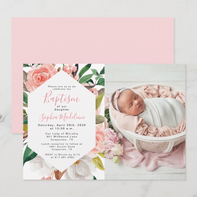 Floral Watercolor Girl Baptism Photo Invitation (Front/Back)