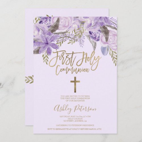 floral watercolor Gold cross First Holy Communion Invitation