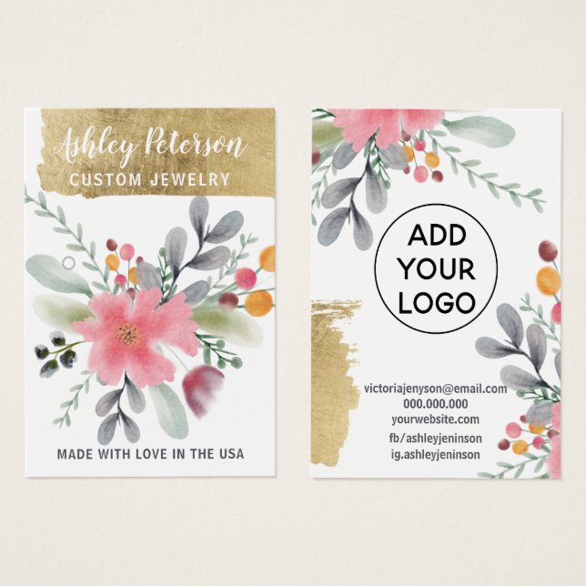 Floral watercolor  gold foil chic earring display (Front & Back)