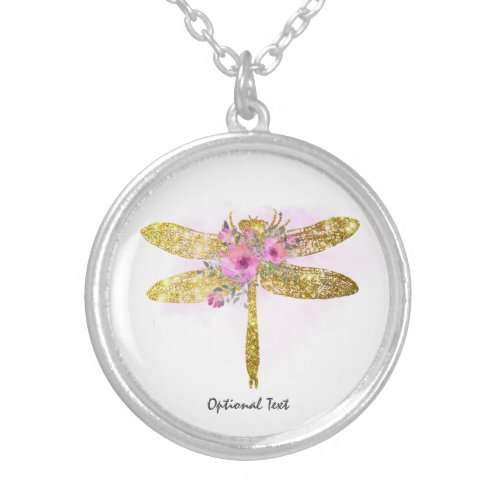   Floral Watercolor GOLD Glitter Dragonfly  Sil Silver Plated Necklace