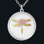*~*  Floral Watercolor GOLD Glitter Dragonfly  Silver Plated Necklace<br><div class="desc">SILVER PLATE NECKLACE Intention Jewelry - round Soothing Calming energy charged JEWELRY WITH INTENTION (R) Set an intention in a positive manner such as " I AM ... ." . The energy will help you in positive Transformation. When one is calm, healing can occur. A DRAGONFLY is a symbol of...</div>