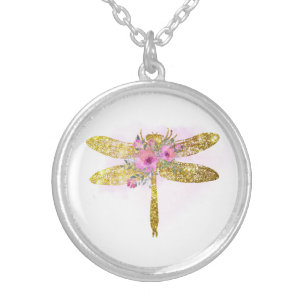 *~* Floral Watercolor GOLD Glitter Dragonfly Silver Plated Necklace