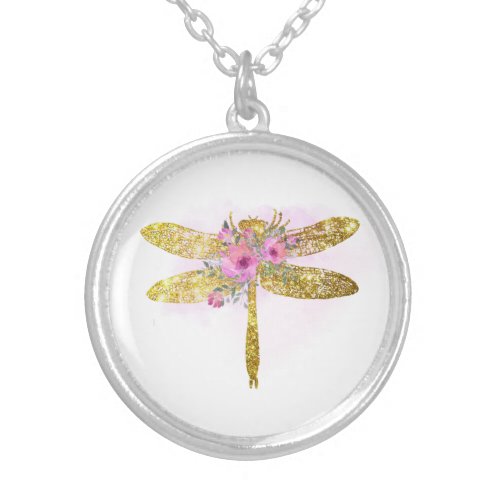   Floral Watercolor GOLD Glitter Dragonfly  Silver Plated Necklace