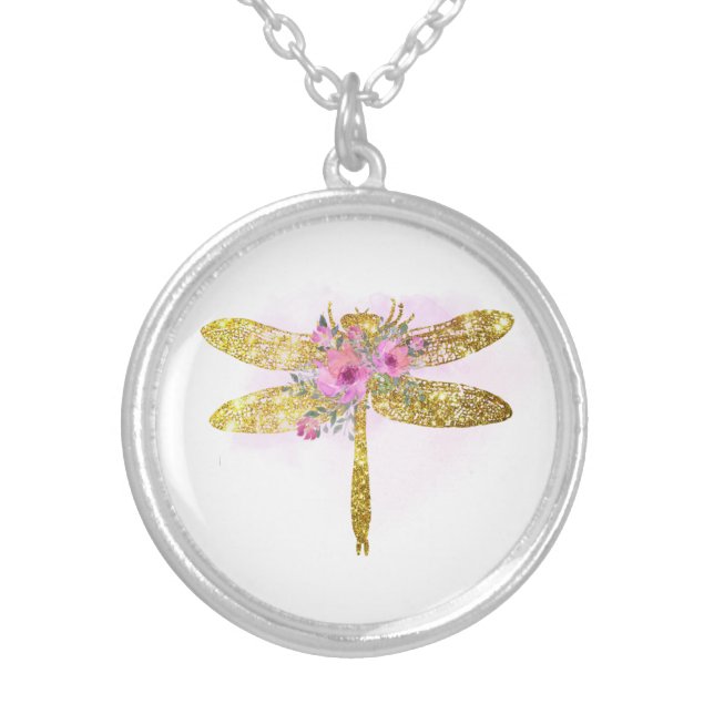*~*  Floral Watercolor GOLD Glitter Dragonfly  Silver Plated Necklace (Front)
