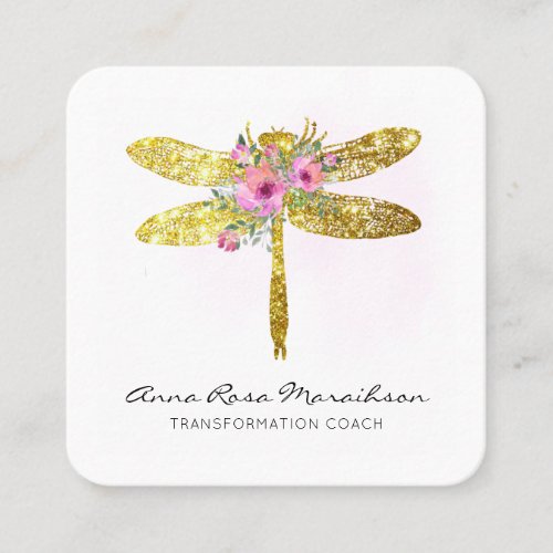  Floral Watercolor Gold Glitter  Dragonfly  Squ Square Business Card