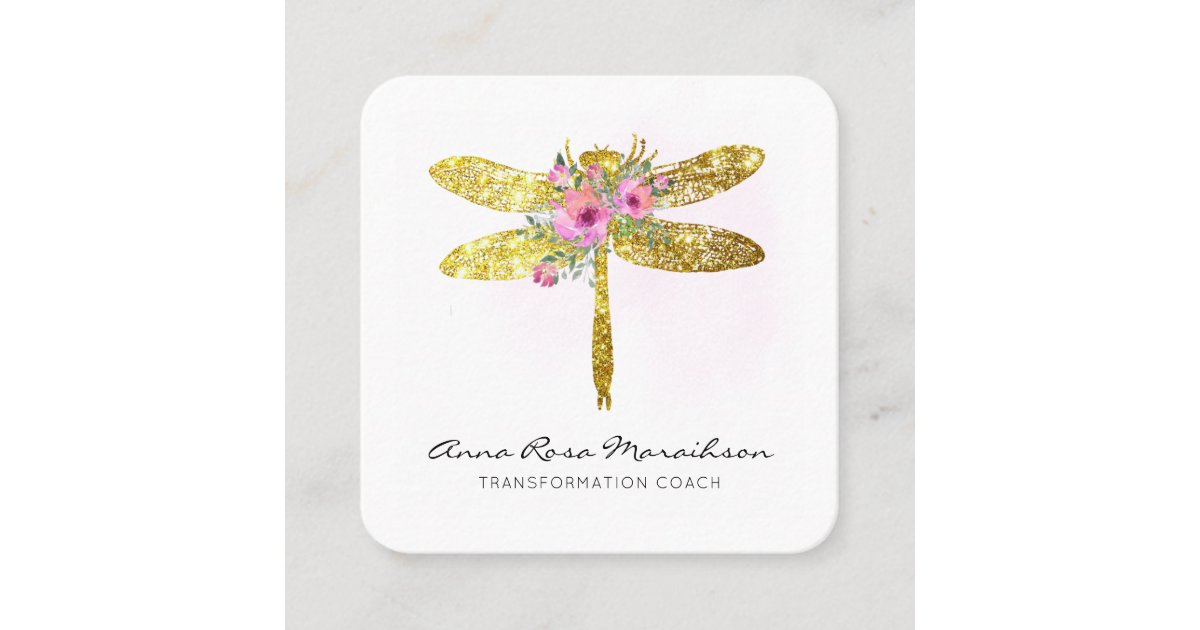 Floral Watercolor Gold Glitter Dragonfly Squ Square Business Card | Zazzle