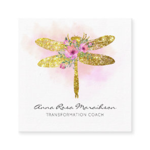 *~* Floral Watercolor Gold Pink Peach Dragonfly  Square Business Card