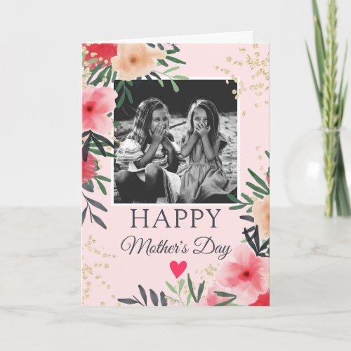Floral watercolor gold poem photo Mothers day Card