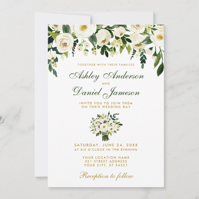 Floral Watercolor Green Gold Wedding Invitation B (Front)