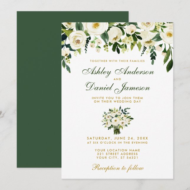 Floral Watercolor Green Gold Wedding Invitation BG (Front/Back)