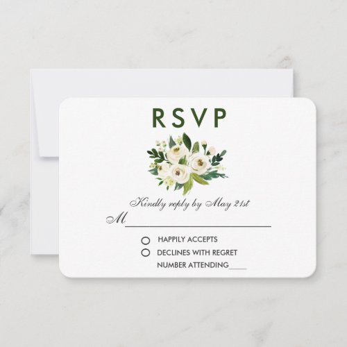 Floral Watercolor Green White Wedding RSVP