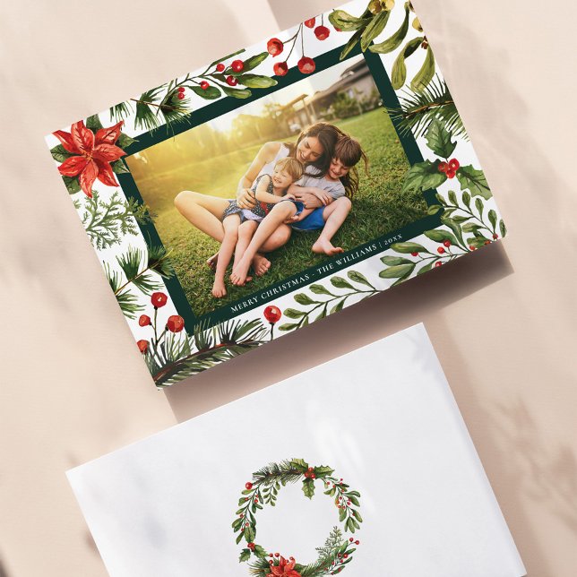 Floral Watercolor Greenery Family Photo Christmas Holiday Card (Family Photo Poinsettia Christmas Holiday Card)